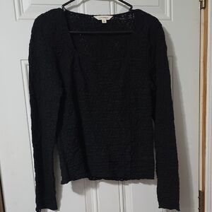 Lucky Brand Black Textured Lace Long-Sleeve Scoop Neck Top